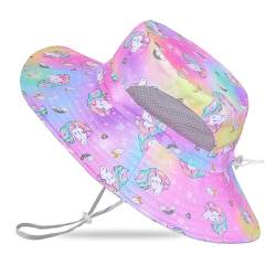 MHJY Hut Sommer Mädchen Sonnenhut Kinder Sonnenmütze Einhorn Anglerhut UV Schutz Mütze Kappe mit Breiter Krempe und Verstellbaren Bändern für 2-8 Jahre von MHJY