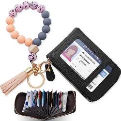 MHJY Kreditkartenetui RFID Kartenhalter Brieftasche Schlüsselanhänger Armband Reißverschluss Kartenetui Brieftasche für Frauen, Pink, Elegantes Armband + klassisches Kartenetui von MHJY