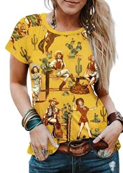 Western Cactus Horse T-Shirt Kaktus Shirts für Frauen Wüste Pferd Grafik Tee Casual Cowgirl Vintage Kurzarm Tops, gelb, Klein von MHTOR