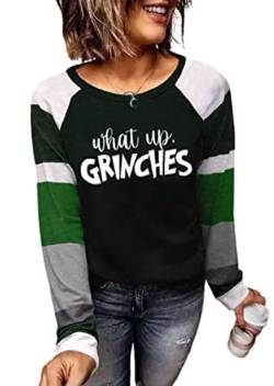 What Up Grinches Weihnachts-Sweatshirt für Damen, mit Farbblock, langärmelig, für Weihnachten, Party, lässiger Pullover, Grün-01, Large von MHTOR