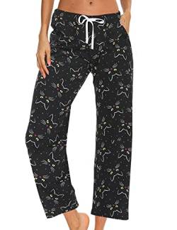 MIA LUCCE Damen Schlafanzughose Lang-Leicht Sommerhose Yogahose Pyjamahose fur Frauen(Mittel,schwarze Katze) von MIA LUCCE