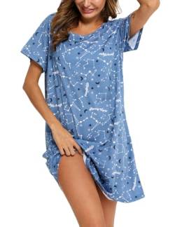MIA LUCCE Nachthemd Damen Kurz-Baumwolle Schlafshirt Kurzarm-Sommer Schlafhemd Nachtwäsche für Lounge(3X-Large,Blauer Stern) von MIA LUCCE