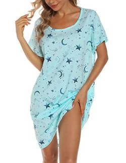 MIA LUCCE Nachthemd Damen Kurz-Baumwolle Schlafshirt Kurzarm-Sommer Schlafhemd Nachtwäsche für Lounge(3X-Large,hellblauer Stern) von MIA LUCCE