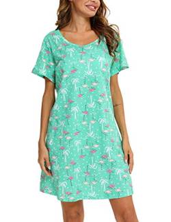 MIA LUCCE Nachthemd Damen Kurz-Baumwolle Schlafshirt Kurzarm-Sommer Schlafhemd Nachtwäsche für Lounge(Mittel,Grüner Flamingo) von MIA LUCCE