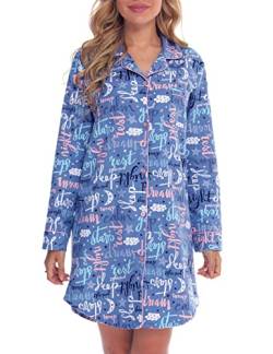MIA LUCCE Nachthemd Damen - Langarm Flanell Schlaf Shirt Knöpfen Nachtwäsche Lang(Mittel,blaues Alphabet) von MIA LUCCE