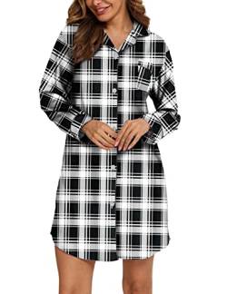 MIA LUCCE Nachthemd Damen - Langarm Flanell Schlaf Shirt Knöpfen Nachtwäsche Lang(XX-Large,schwarzes Gitter) von MIA LUCCE