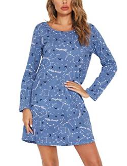 MIA LUCCE Nachthemd Damen - Langarm Schlafhemd Weiche Nachtwäsche Lang(Groß,Blauer Stern) von MIA LUCCE