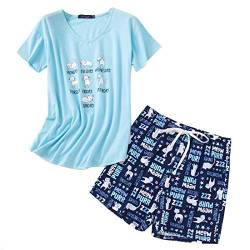 MIA LUCCE Schlafanzug Damen Kurz-Nachtwäsche fur Frauen-Kurzer Pyjama S-2XL(Blaue Katze,klein) von MIA LUCCE