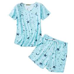 MIA LUCCE Schlafanzug Damen Kurz-Nachtwäsche fur Frauen-Kurzer Pyjama S-2XL(Hellblauer Stern,Mittel) von MIA LUCCE