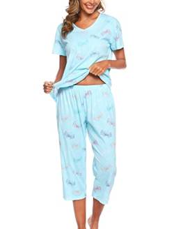 MIA LUCCE Schlafanzug Damen-Kurzarm Top und 3/4 Lange Hose Zweiteiler Pyjama Set(Large,Schmetterling) von MIA LUCCE