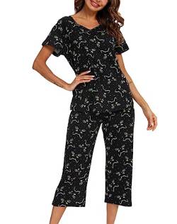 MIA LUCCE Schlafanzug Damen-Kurzarm Top und 3/4 Lange Hose Zweiteiler Pyjama Set(Medium,Schwarze Katze) von MIA LUCCE