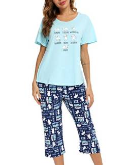 MIA LUCCE Schlafanzug Damen-Kurzarm Top und 3/4 Lange Hose Zweiteiler Pyjama Set(X-Large,Blaue Katze) von MIA LUCCE