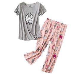 MIA LUCCE Schlafanzug Damen-Kurzarm Top und 3/4 Lange Hose Zweiteiler Pyjama Set(XX-Large,graue Schafe) von MIA LUCCE