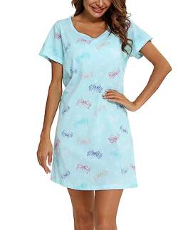 Nachthemd Damen Kurz-Baumwolle Schlafshirt Kurzarm-Sommer Schlafhemd Nachtwäsche für Lounge(Mittel,Blauer Schmetterling) von MIA LUCCE
