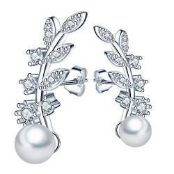 MICGIGI-Damen Leaf Perlen Ohrringe aus 925 Sterling Silber Ohrstecker Ohrringe mit Zirkonia von MICGIGI