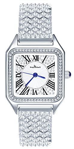 MICGIGI Damen Quarz Armbanduhr Rechteckige Analog Anzeige Uhr mit Steinbesatz, Legierungs Edelstahl Armband von MICGIGI