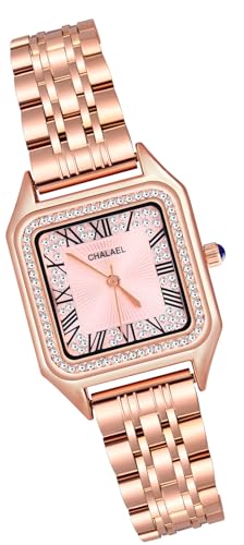 MICGIGI Damen Quarz Armbanduhr Rosegold Rechteckig Römische Ziffern Zifferblatt Analog Uhr mit Edelstahl Armband von MICGIGI