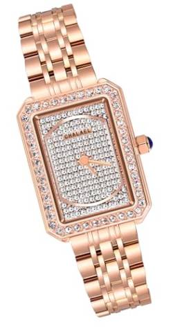 MICGIGI Damen Quarz Armbanduhr Rosegold Rechteckig Steinbesatz Stil Analog Uhr mit Edelstahl Armband von MICGIGI
