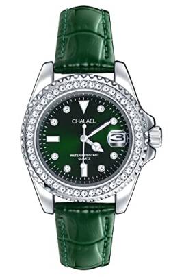 MICGIGI Damen Quarz Armbanduhr Runde Analog Anzeige Uhr mit Steinbesatz Gehäuse, Leder Armband von MICGIGI