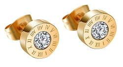 MICGIGI Herren Damen 8MM Runde Edelstahl Ohrringe Römischen Ziffern Ohrstecker mit ZirKonia Gold von MICGIGI