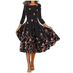 1920 Kleider Damen,Silvester Kleid Damen Chinesische Kleider Damenbekleidung Damen Casual Floral Print Rundhalsausschnitt 3/4 Ärmel Frühling Herbst Kleider Abendkleid Langarm Schwarz(Rose Gold,6XL) von MICKURY