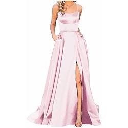 Abendkleid Hochzeit,Kleider Damen Sommer Kleider Für Damen Midi Party Elegant Damen Ballkleider Elegant Neckholder Rückenfrei Lange Kleider A-Linie Criss-Cross Satin Spaghetti (1-Rosa,M) von MICKURY