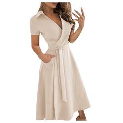 Damen Kleider Sommer,Damen Kleider Elegant Brautkleid Spitze A Linie Schöne Kleider Damen Mode Damen Casual Revers Feste Farbe Kurze Ärmel Kleider Lang Festliche Kleider Blau(6-Beige,L) von MICKURY