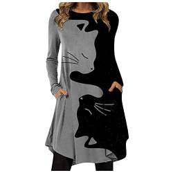 Damenbekleidung Kleider,Western Kleider Damen Abendkleid Langarm Festliche Kleider Für Damen Fashion Women Round Neck Cat Print Dress Irregular Hem Casual Loose Sexx Kleider(Gray,XL) von MICKURY