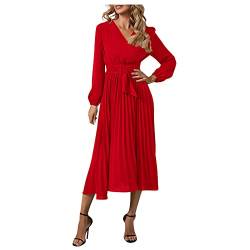 Festliche Kleider Abendkleider,Mini Kleider Damen Silvester Kleider Glitzerkleid Damen Damen Langarm Slim Fit Plissee Gürtel V-Ausschnitt Elegantes Kleider Elegante Kurze Kleider Damen(Rot,XL) von MICKURY