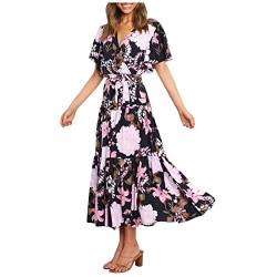 Festliche Kleider Für Damen Hochzeit,Strickkleid Damen Sommer Brautkleid Langarm Spitze A Linie Damen Sommer Casual Printed Short Sleeve Waist Long Dress Boho Zweiteiler Damen (2-Schwarz,L) von MICKURY