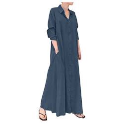 Festliche Kleider Für Hochzeit,Kleider Damen Sommer Silvester Kleider Damen Jumpsuit Sexy Damen Casual Baumwolle Leinen Solide Farbe Lose Temperament Langes Hemd Kleider Abendkleider (Marine-4,L) von MICKURY