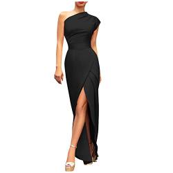 Jumpsuit Damen Elegant,Elegante Kleider Damen Untergang des Abendkleides Enge Kurze Kleider Damen Solide Farbe Eine Schulter Ärmellos Hohe Taille Front Split Temperament Kleid (3-Schwarz,XXL) von MICKURY