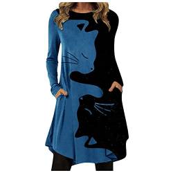 Kleider Sommer Damen,Italienische Kleider Damen Strandkleid Damen Abendkleid Schulterfrei Fashion Women Round Neck Cat Print Dress Irregular Hem Casual Loose Cocktail Vintage Kleid(Blau,L) von MICKURY