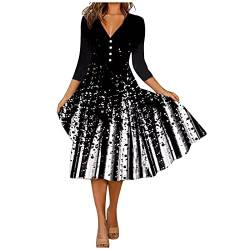 MICKURY Abend Kleider Lange Hochzeit,Cocktail Kleider Für Damen Damen Kleider Elegant Festlich Abendkleid Kurz Sexy Damenmode V-Ausschnitt Bedruckte Knöpfe Elegantes Dreiviertel-Ärmel (Schwarz,L) von MICKURY