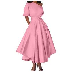 MICKURY Abendkleid Hochzeit,Enge Kleider Damen Sexy Silkbers Kleider Brautmutter Damen Mode Floral Formal Vintage Kurze Ärmel Schlank Hochzeit Langes Kleider Vintage Damen Kleider(Rosa-6,XL) von MICKURY