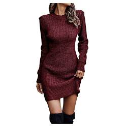 MICKURY Ballettkleidung Damen Trachtenkleider Kurze Ballkleider Rotes Ballkleid Promi Kleider Frauen Temperament Herbst Und Winter Volltonfarbe Rundhals Langarm Sexy Kleid Wein L von MICKURY