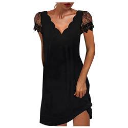 MICKURY Brautkleider,stilvolles Kleid für Frauen 2022 Sommer Spitze Kurzarm lässig V Ausschnitt Blumen T Shirt Kleid lose Passform Mini Strand Sommerkleid, A-schwarz von MICKURY