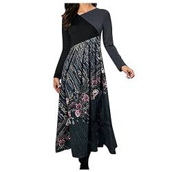 MICKURY Enge Kleider Damen Sexy,Afrikanische Kleider Damen Boho Brautkleid Vintage Kleider 60 Jahre Stil Damen Damen Herbst Und Winter Casual Slim Langarm Langes Bedrucktes Kleider Damen (Marine-3,L) von MICKURY