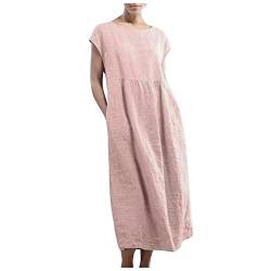 MICKURY Italienische Kleider Freizeitkleider Schwarze Hochzeitskleider Unterrock Damen Damen Sommer Beiläufiges Einfarbiges Ärmelloses O Ausschnitt Los Taschennähten Baumwoll Leinen Kleid Rosa-1 von MICKURY