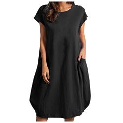 MICKURY Sommerkleider FüR Frauen 2022 Rundhals Kurzarm Lockeres T-Shirt Kleid LäSsig Basic Swing FließEndes Kleid Mit Tasche(Schwarz,L) von MICKURY