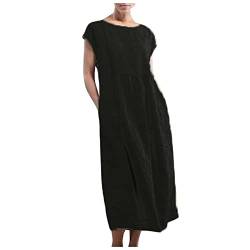 MICKURY Strandkleid Damen Brautkleid Große Größen Abendkleid Altrosa New Yorker Kleider Damen Sommer Beiläufiges Einfarbiges Ärmelloses O Ausschnitt Los Taschennähten Baumwoll Leinen Kleid Schwarz-1 von MICKURY