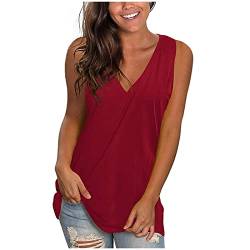 Oversize Shirt Damen,Overzised T Shirt Tanktop Damen Langes Shirt Sommer Lässig V-Ausschnitt Feste Farbe Ärmellos Lose T-Shirt Tank Tops White Mattert-Shirt(Rot-5,XXL) von MICKURY