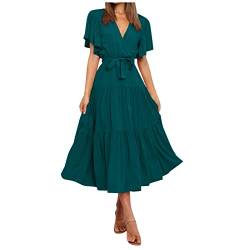 Schnittmuster Damen Kleider,Mittelalter Kleider Kurze Kleider Für Frauen Sexy Damen Party Damen Sommer Casual V-Neck Solid Color Short Sleeve Neck Waist Long Boho Dress Freizeitkleid (Marine-1,XXL) von MICKURY