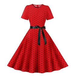 Vintage Kleider Damen,Kleider Für Hochzeit Brautkleid Grosse Grössen Unterrock Für Durchsichtige Kleider Damen Mode Casual Slim Fit Dot Rundhalsausschnitt Mit Gürtel Kurzarm Kleider (Rot-1,XXL) von MICKURY