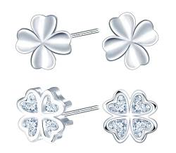 MICMIF 2 Paare Damen Ohrringe Kleeblatt Zirkonia Ohrstecker & Vierblättriges Kleeblatt Silber 925 Ohrringe Hypoallergene Silber Ohrschmuck Geschenke für Frauen Mädchen von MICMIF