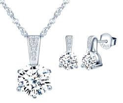 MICSAVI Ketten und Ohrringe Set Zirkonia 925 Sterling Silber Schmuckset für Damen Mädchen Halskette Anhänger Zirkonia und Ohrstecker Set von MICSAVI