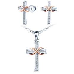 MICSAVI Schmuckset 925 Silber Damen Kreuz Kette und Ohrringe mit Unendlichkeit Halskette Anhänger Ohrstecker, Silber Kreuz mit Zirkonia Schmuck für Frauen Mädchen von MICSAVI