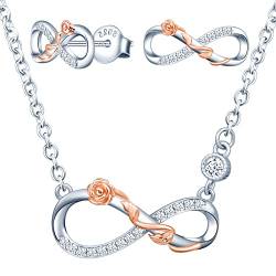 MICSAVI Unendlichkeit & Rose Blume Halskette Ohrringe Set Damen 925 Sterling Silber mit Zirkonia Rosen Anhänger Kette Ohrstecker Infinity Schmuckset für Frauen Mädchen Jahrestag Valentinstag Muttertag von MICSAVI