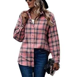 MIDJ Bluse Damen Elegant，Damen Karierte Hemden Flanellhemden Rosa Karierte Holzfällerhemden Lose Freizeitjacken Zarte Knopfrevers Strickjacke Vintage Sexy Hemden Jacken Boyfriend Tops,M von MIDJ