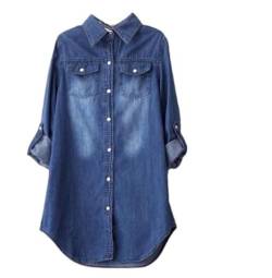 MIDJ Lockeres Damenhemd,Lange Jeansblusen Für Damen Hemdärmel Lässige Knopfhemdjacke Blaue Reverstasche Tunika Leichtes Jeans-Sweatshirt Für Mädchen XL von MIDJ